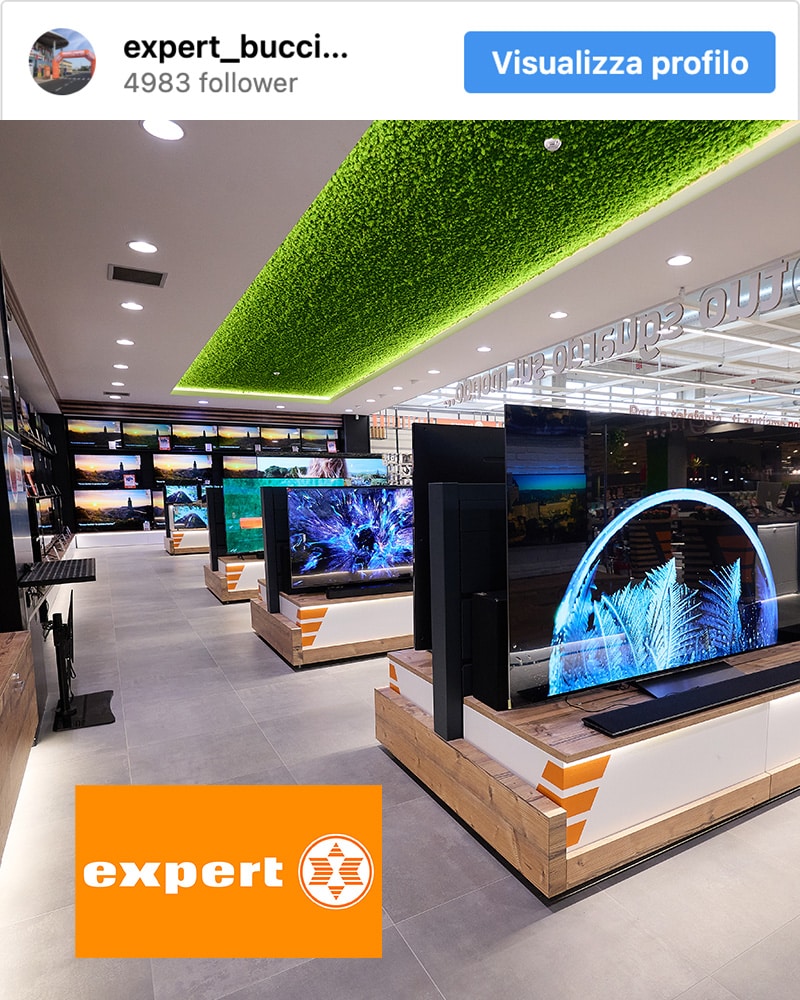 Controsoffitto bio-acustico fonoassorbente totalmente green nei negozi di elettronica Expert