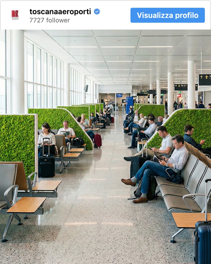 Divisori per privacy e comfort biofilico acustico nelle sale d'attesa di Toscana Aeroporti